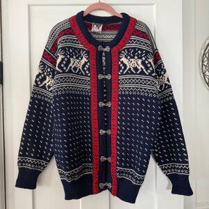 Dale Of Norway Wool Sweater Cardigan Pewter Clasps Nordic Pattern Blue/Red Sz M